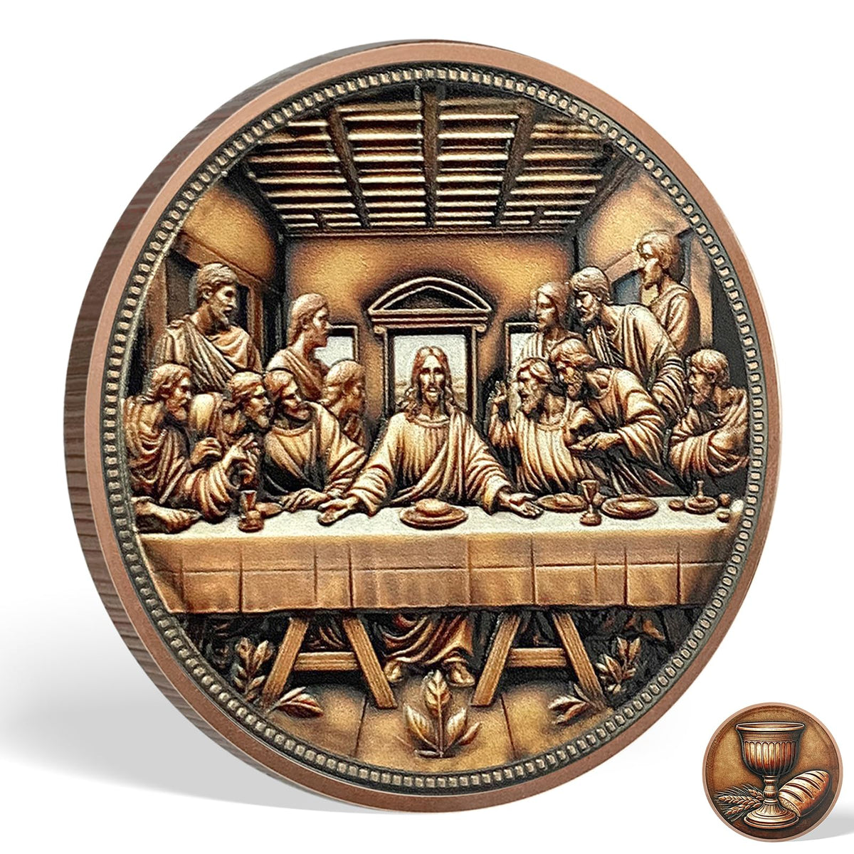 YGLLSSY The Last Supper coin depicts the Last Supper relief for devotional reflection.