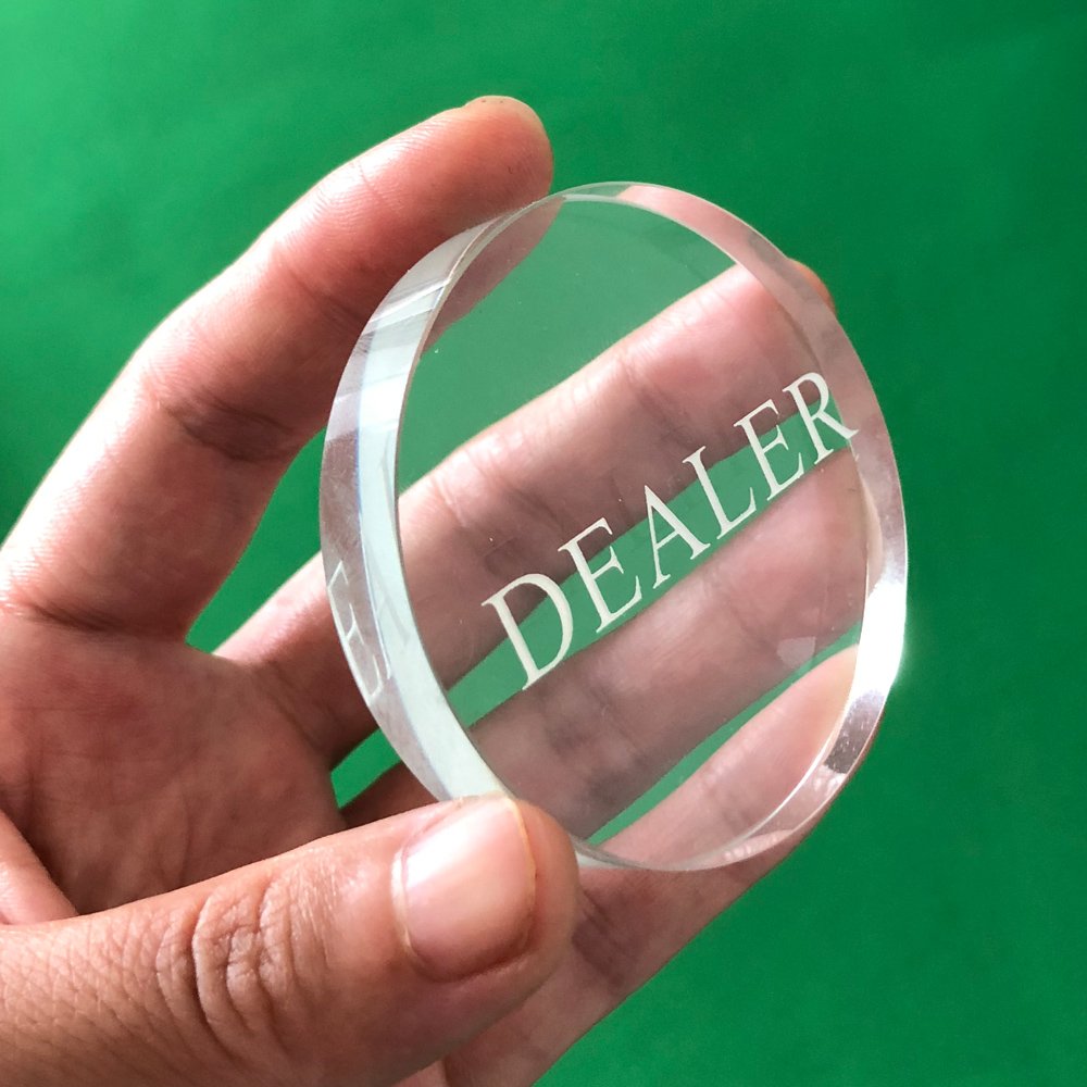 YH Poker Transparent Dealer Button, side view showing white DEALER engraving for readability