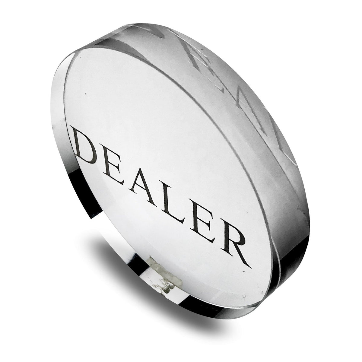 YH Poker Transparent Dealer Button, crystal top view with DEALER engraving for tournaments