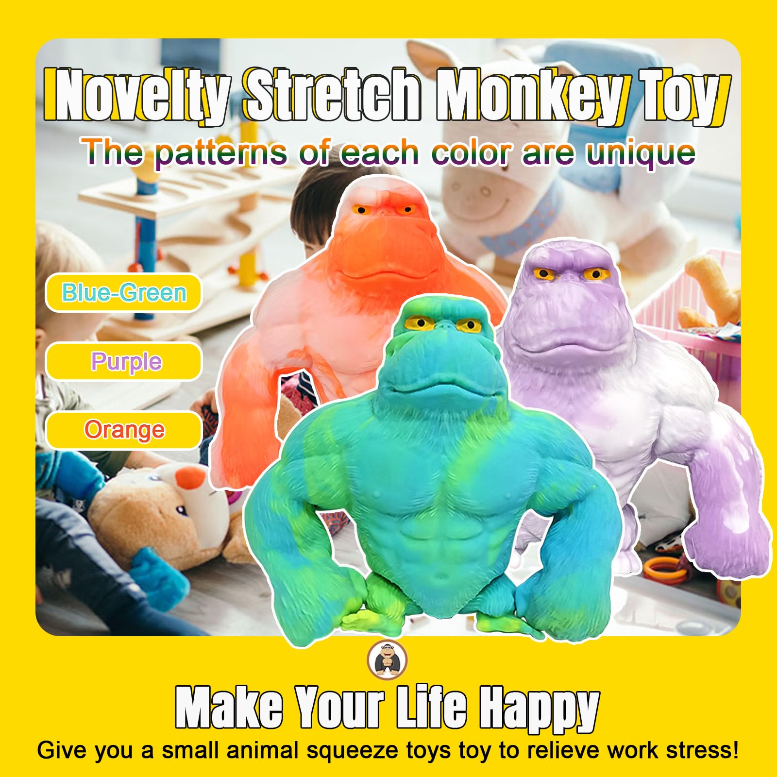 YHan blue-green gorilla stretching to length, illustrating portable stress relief on the go.
