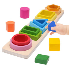 YHHYTOY 15-piece wooden stacking shapes enhances color recognition and shape sorting for toddlers.