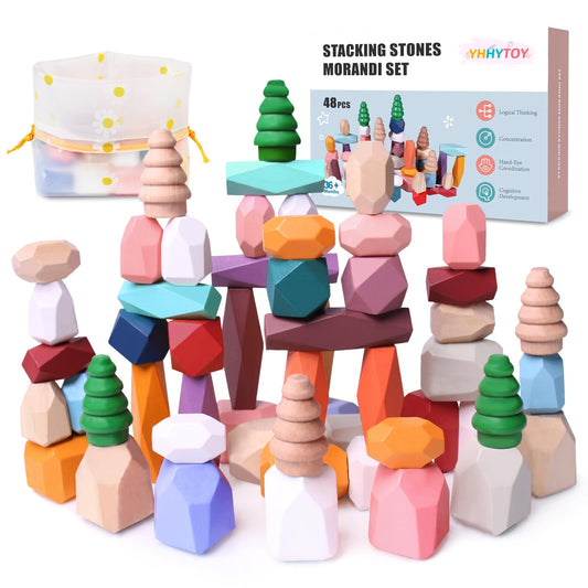 YHHYTOY wooden stacking stones enabling creative 48-piece tower building.