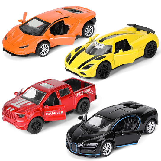 YHXKJ 4-pack diecast cars with opening doors for interactive play and display.