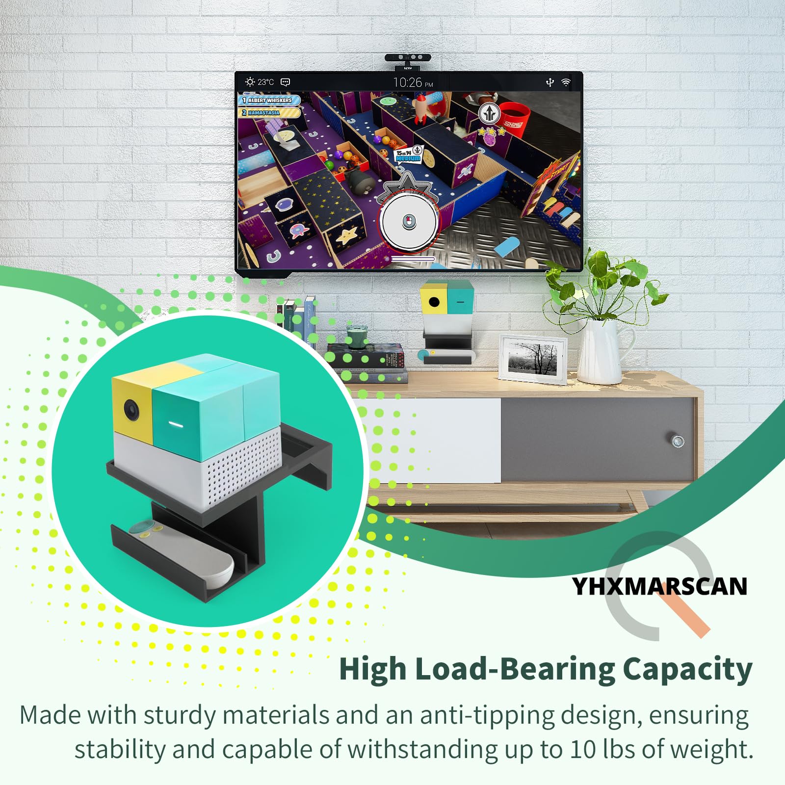 YHXMARSCAN Nex wall-mounted shelf with cable management keeps cables tidy.