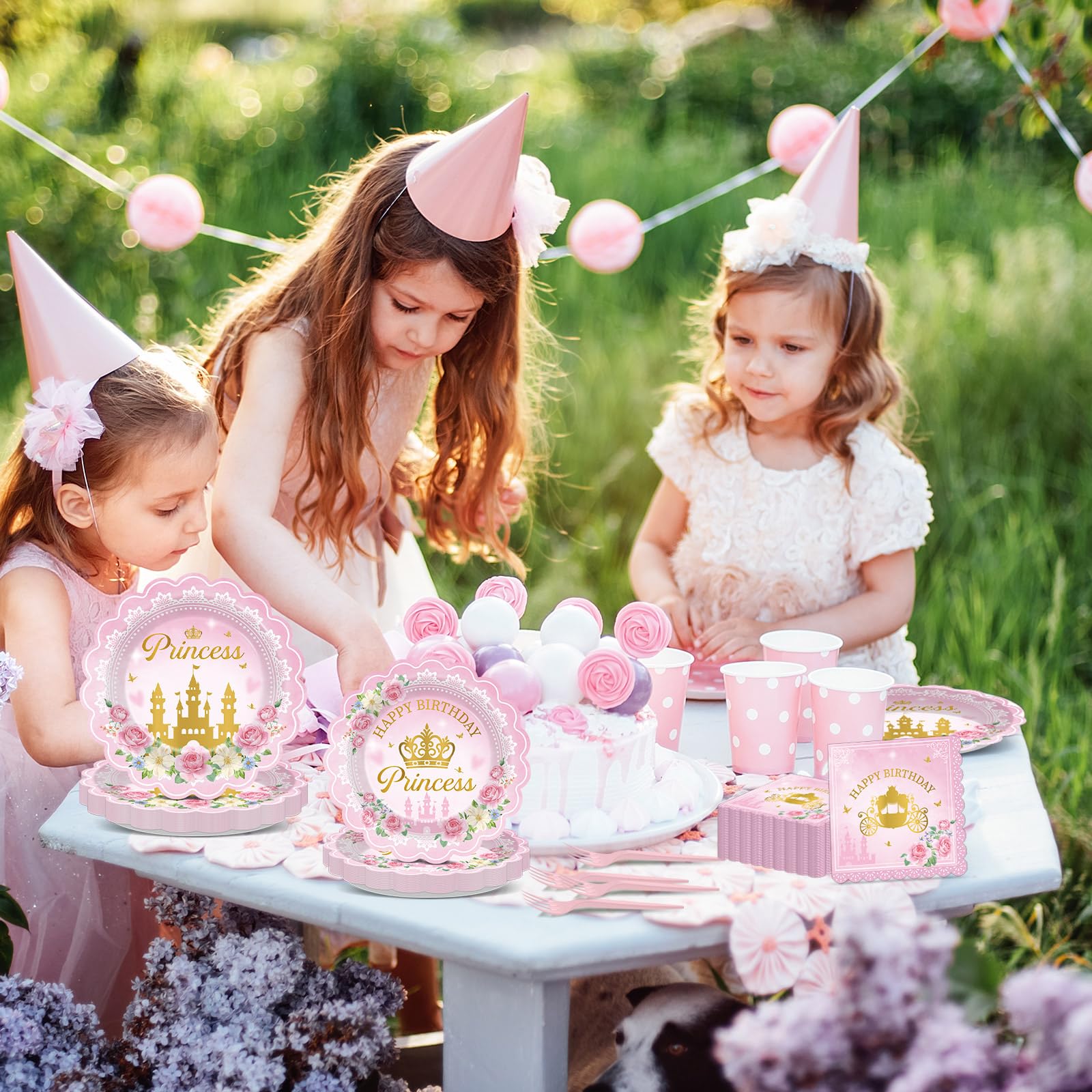 Yiaoyinnz pink floral gold castle design enhances fairy tale ambiance.
