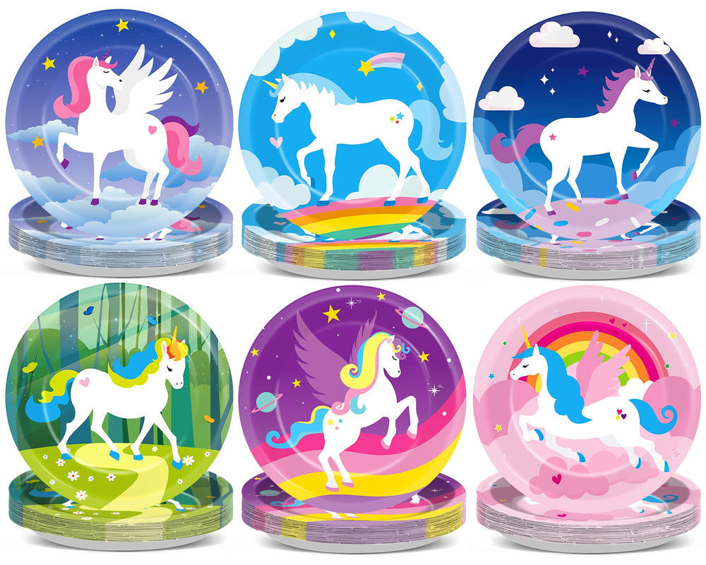 Yiaoyinnz unicorn plates 7-inch set with pastel rainbow designs, ideal for quick, mess-free party servings.