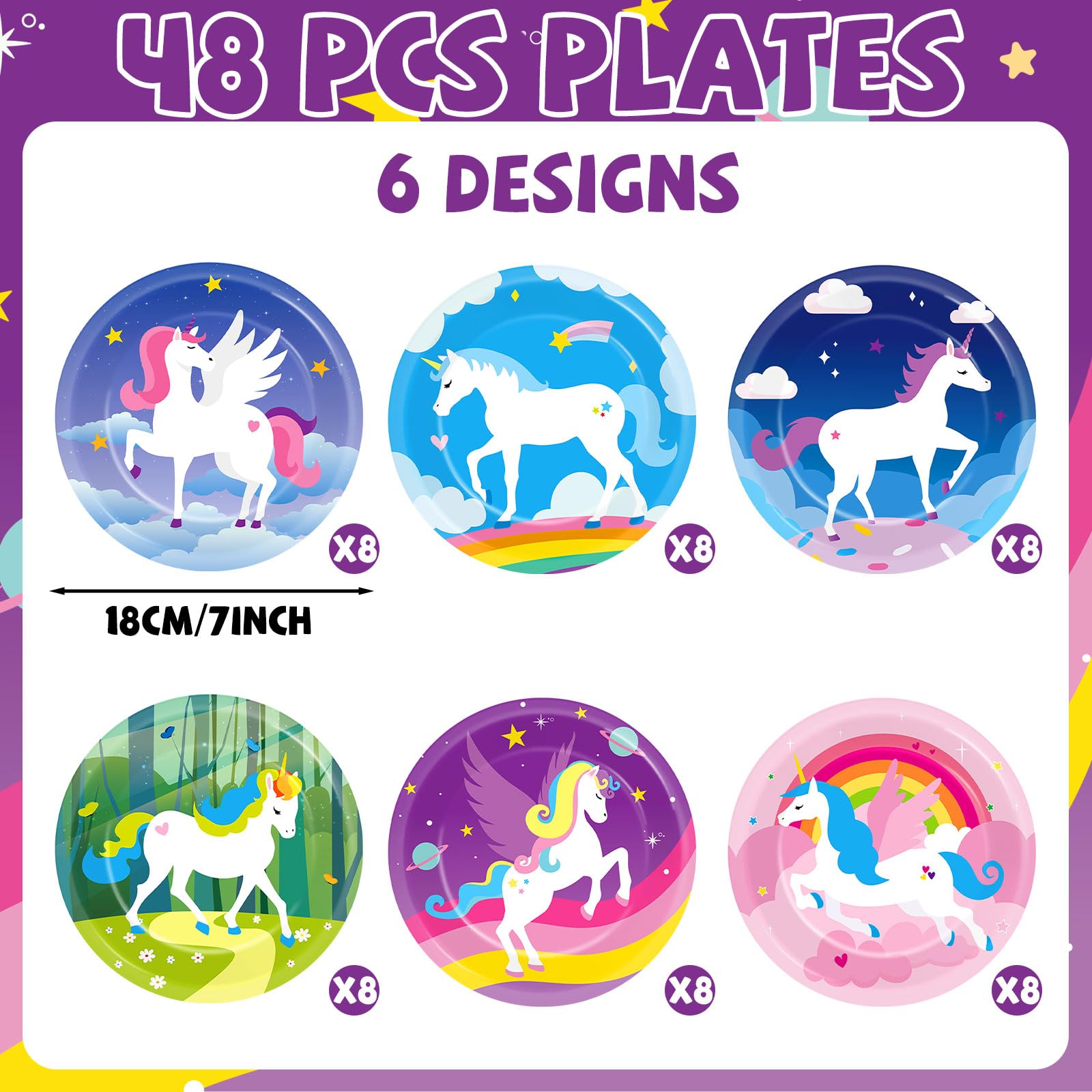Yiaoyinnz unicorn party plates feature durable paper and bright hues for cake and snacks.