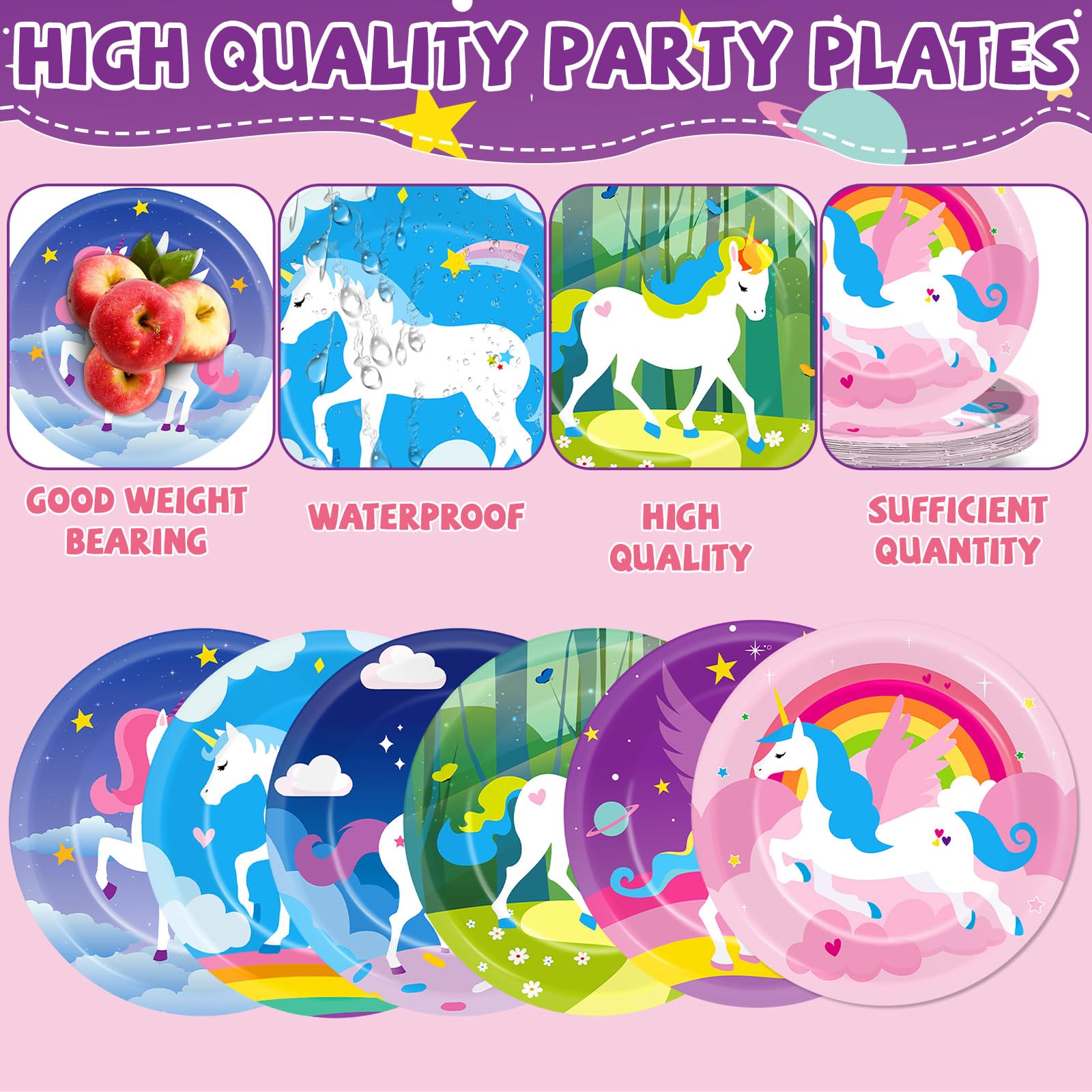 Yiaoyinnz unicorn-plates design adds festive flair to birthdays while simplifying cleanup.