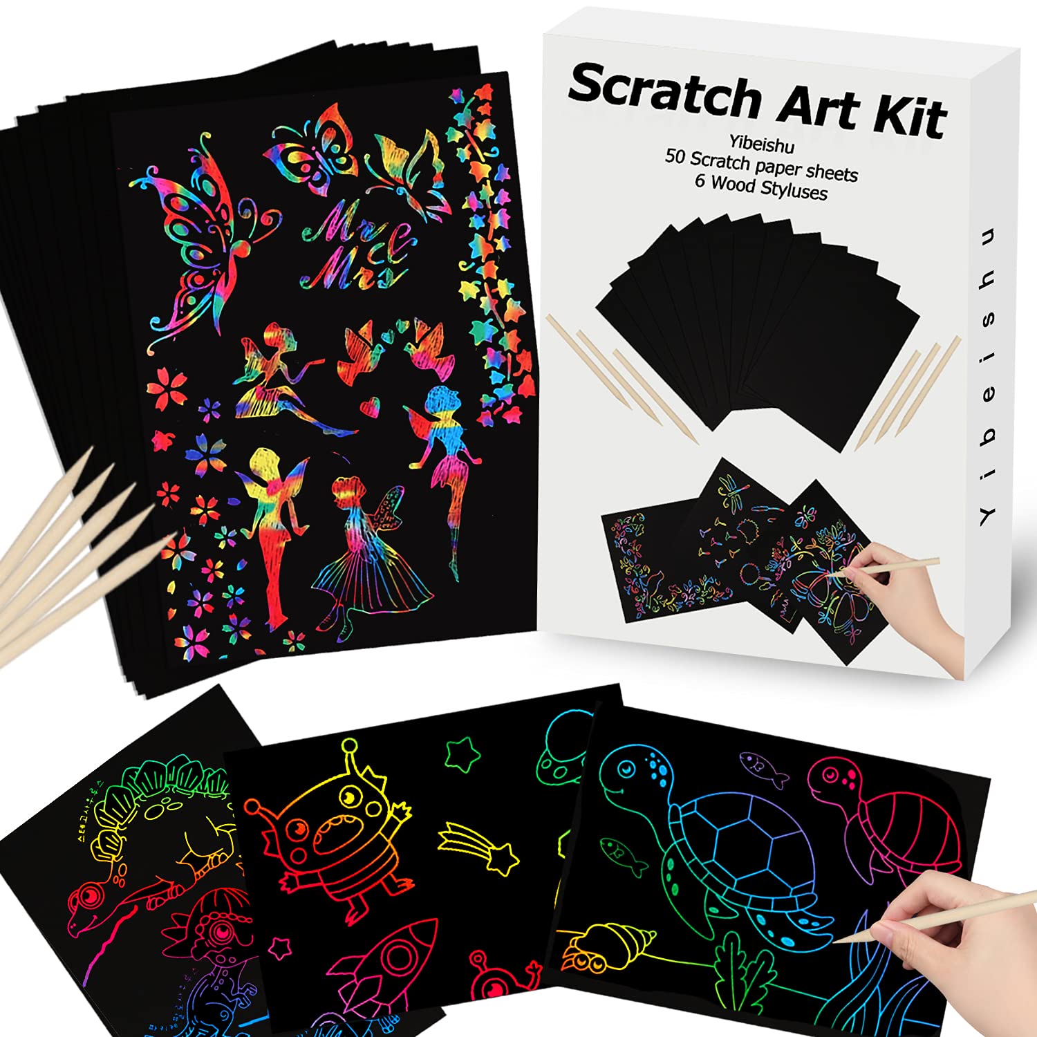 Yibeishu Rainbow Scratch Art Set shows vibrant rainbow patterns for kids during play