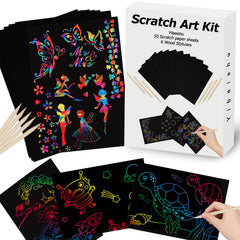Yibeishu Rainbow Scratch Art Set shows vibrant rainbow patterns for kids during play