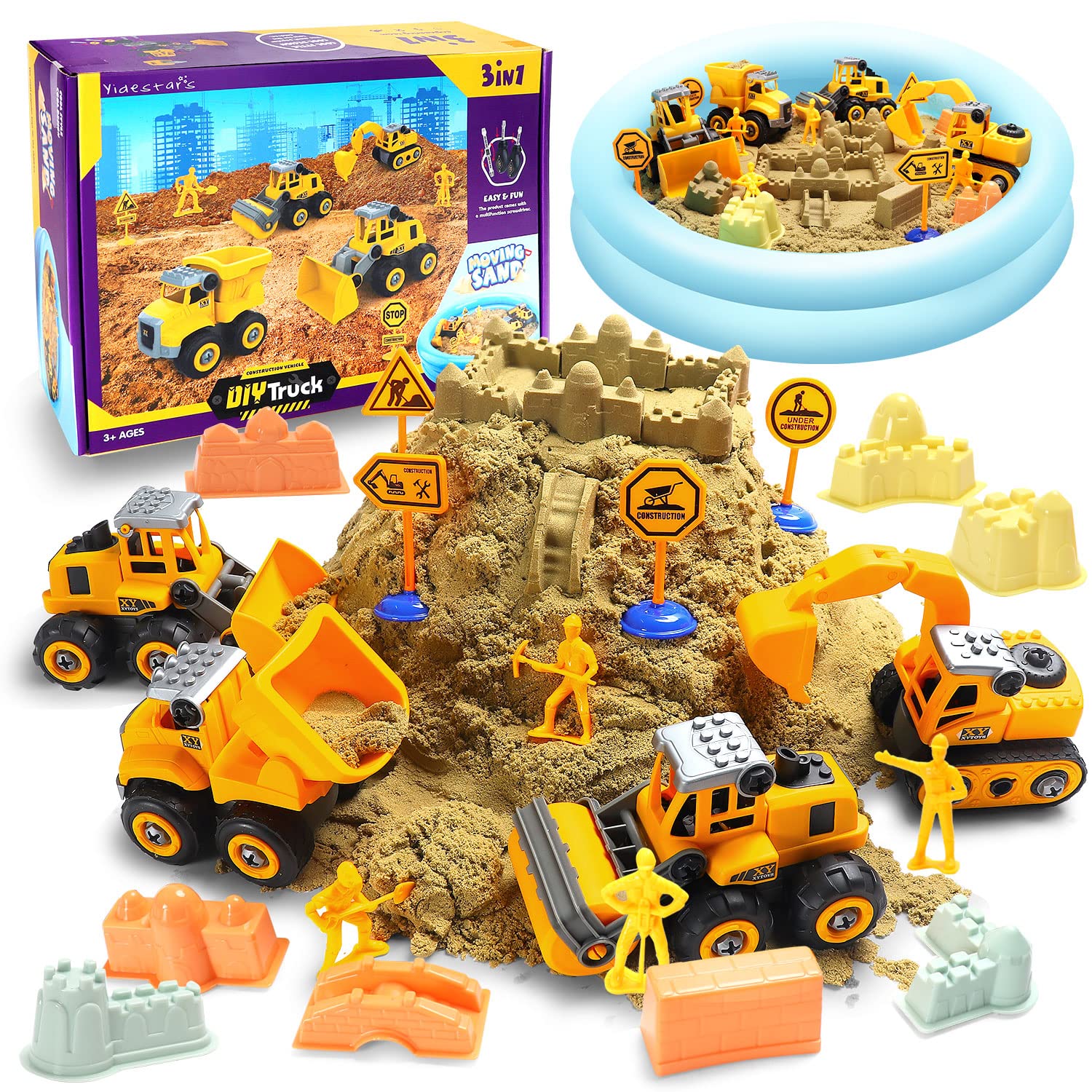 YIDESTARS packaging box showing the complete construction sand kit for gifting