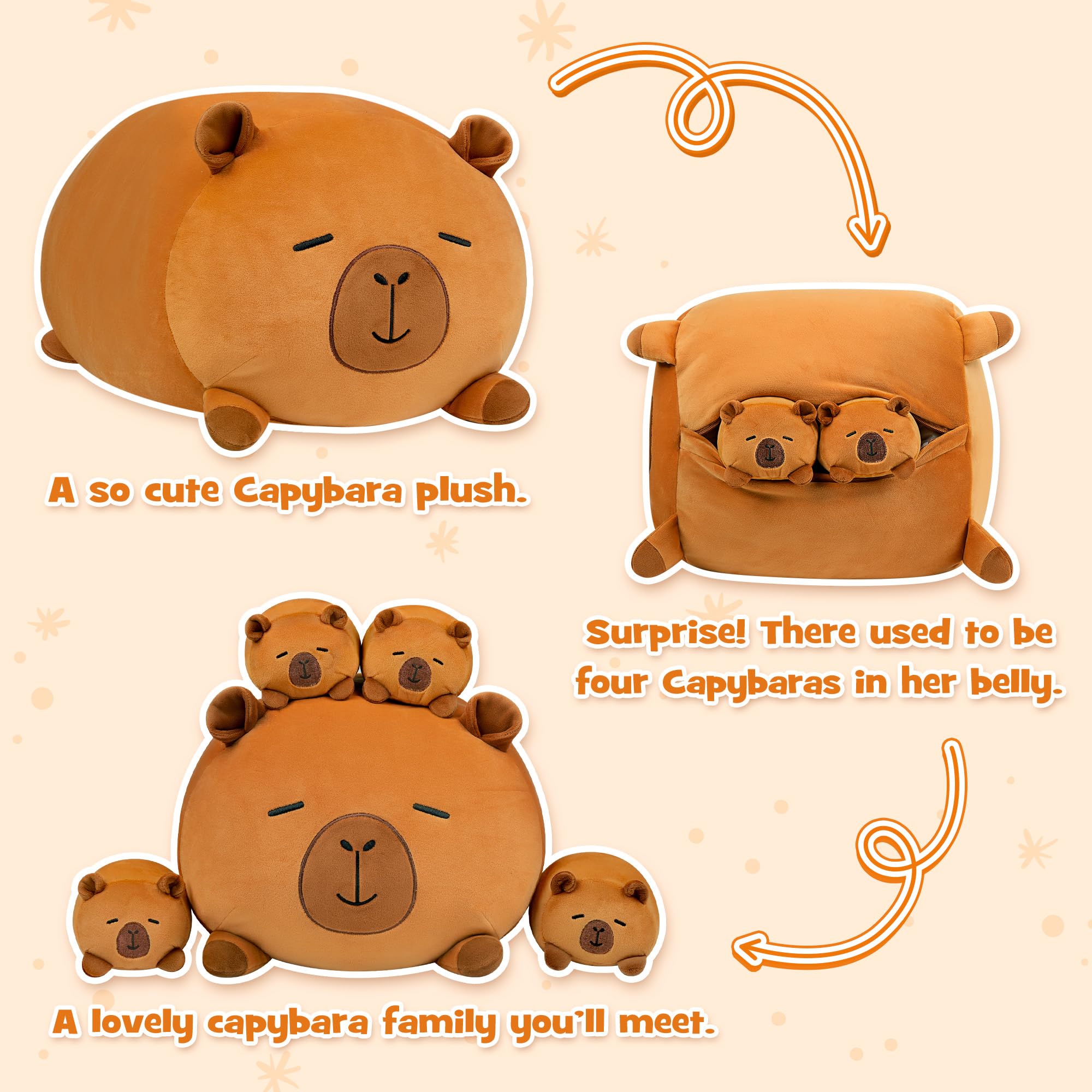 YIIQUWEN Capybara Plush belly unzip reveals four baby capybaras.