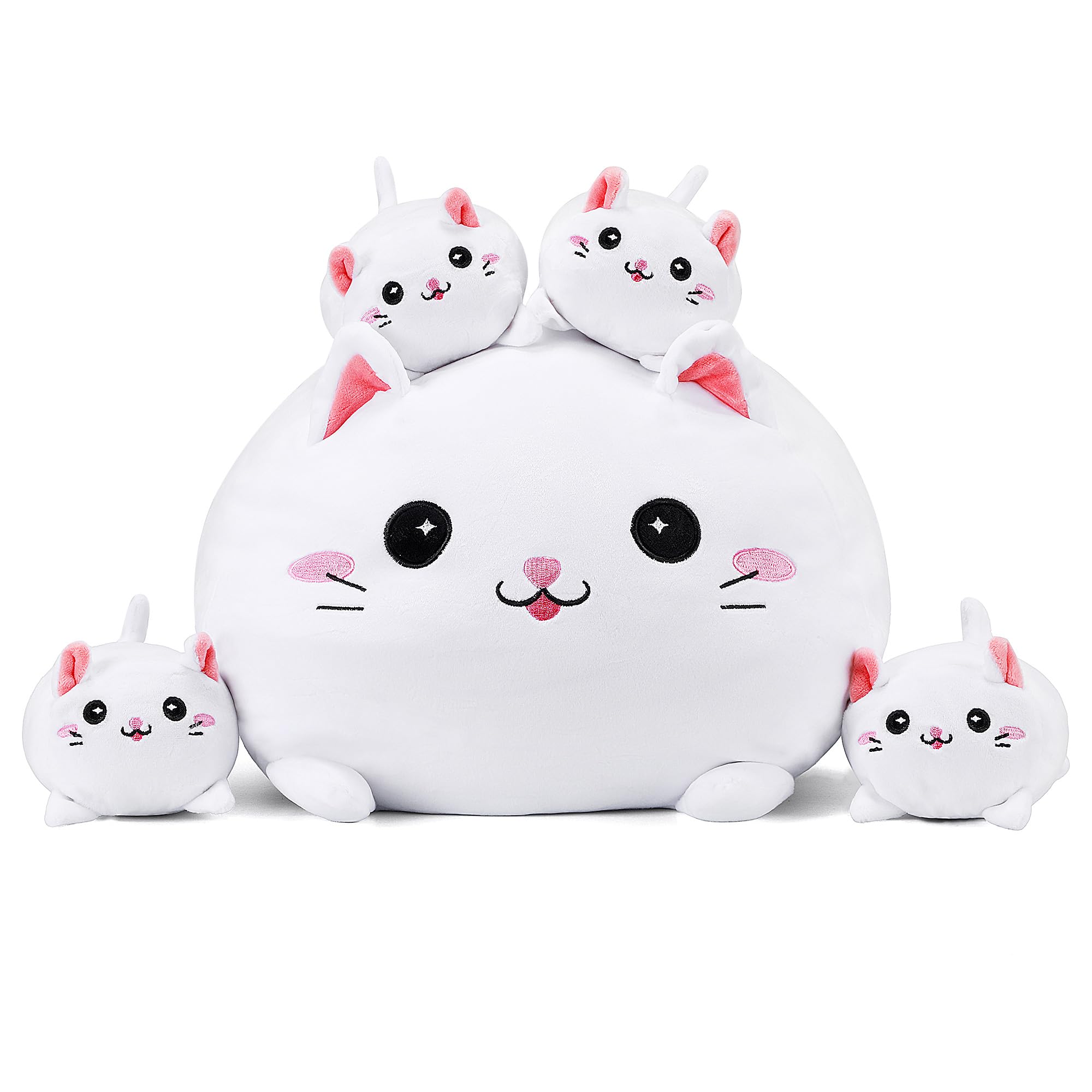 YIIQUWEN cat plush family set with mother cat and hidden kittens for cozy hugs.