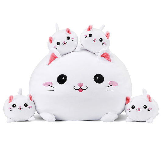 YIIQUWEN cat plush family set with mother cat and hidden kittens for cozy hugs.