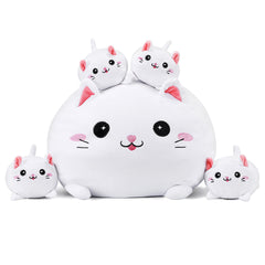 YIIQUWEN cat plush family set with mother cat and hidden kittens for cozy hugs.