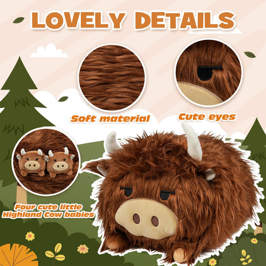 YIIQUWEN Highland Cow Mommy Plush Set showing calves inside, playful surprise.