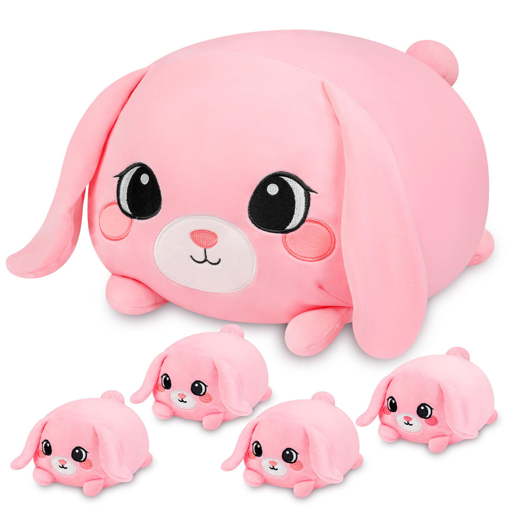 YIIQUWEN pink bunny plush mommy unzips to reveal four babies, playful reveal.