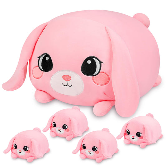 YIIQUWEN pink bunny plush mommy unzips to reveal four babies, playful reveal.