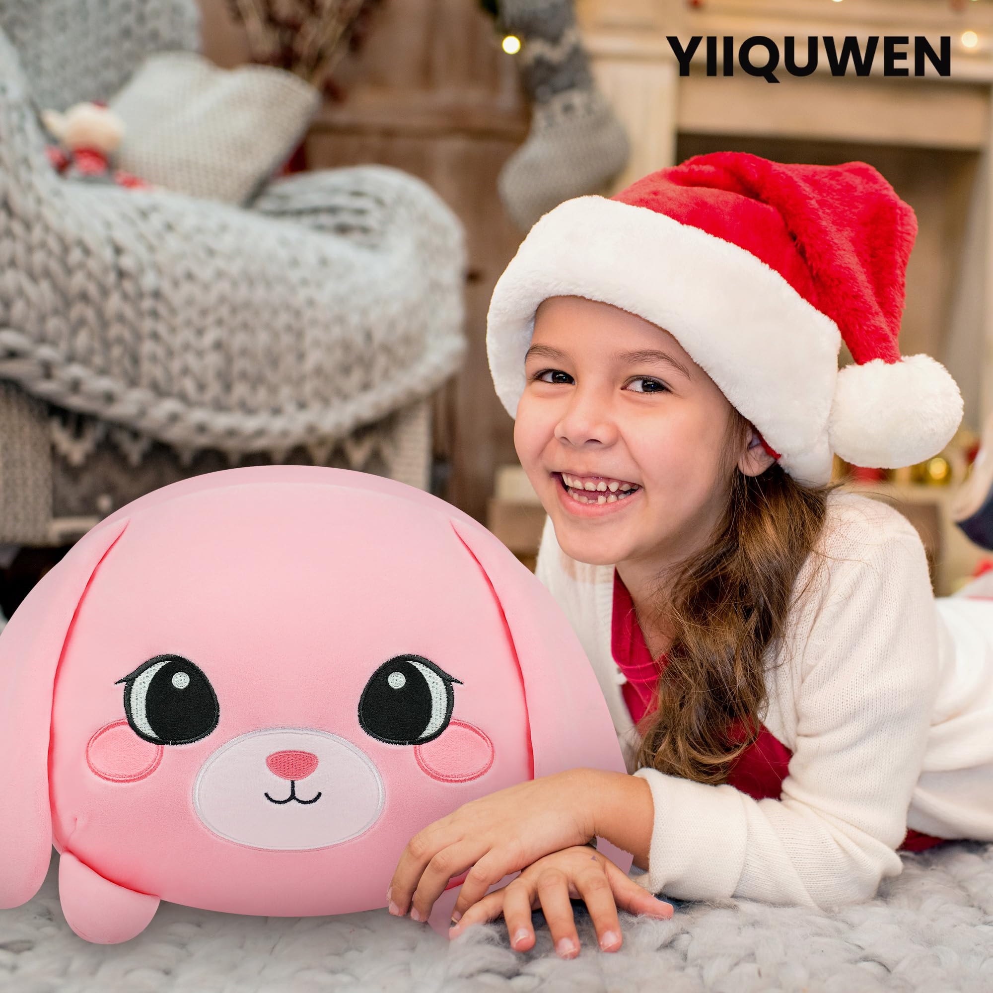 Close-up of YIIQUWEN pink bunny plush texture, ultra-soft surface.