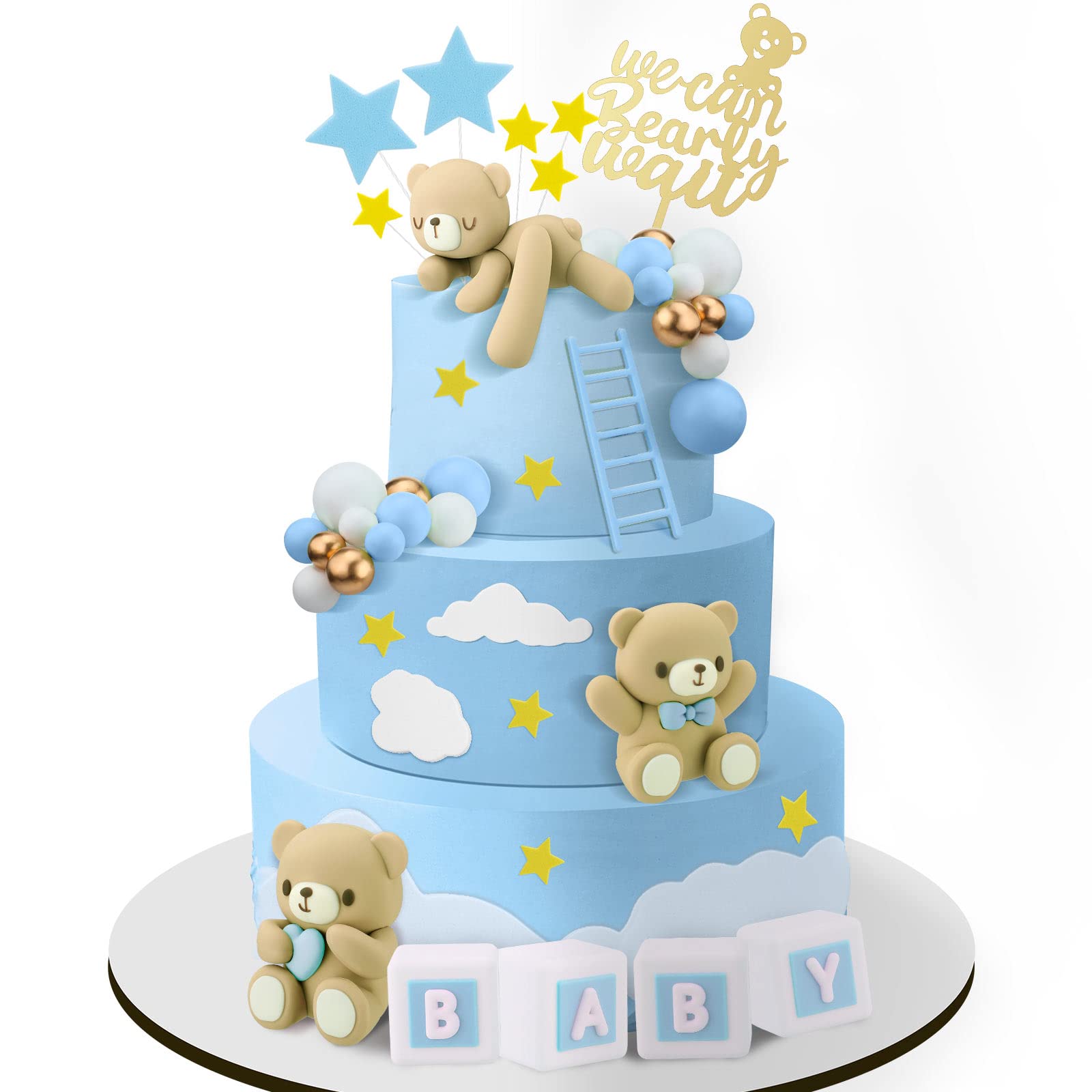 Yinder bear cake toppers with blue bows add playful birthday detail