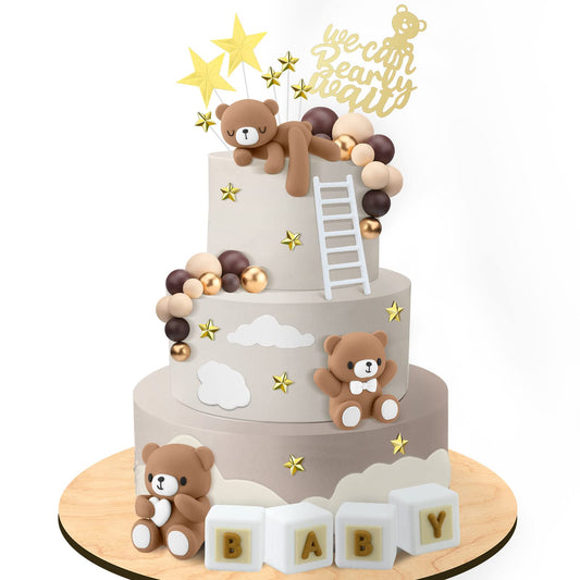 Yinder bear cake toppers in dark brown add adorable focal points to birthday cakes.