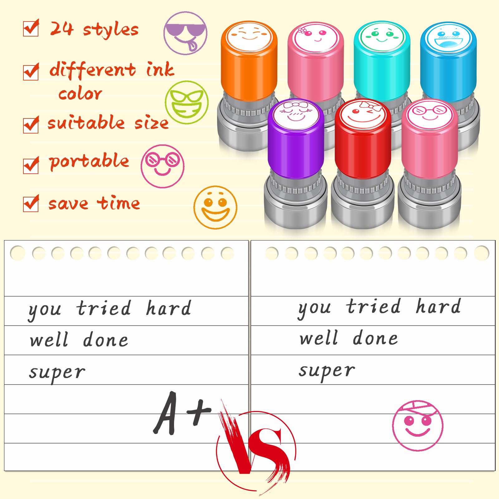 Yinder expressive cartoon stamps with friendly visuals for praising tasks.