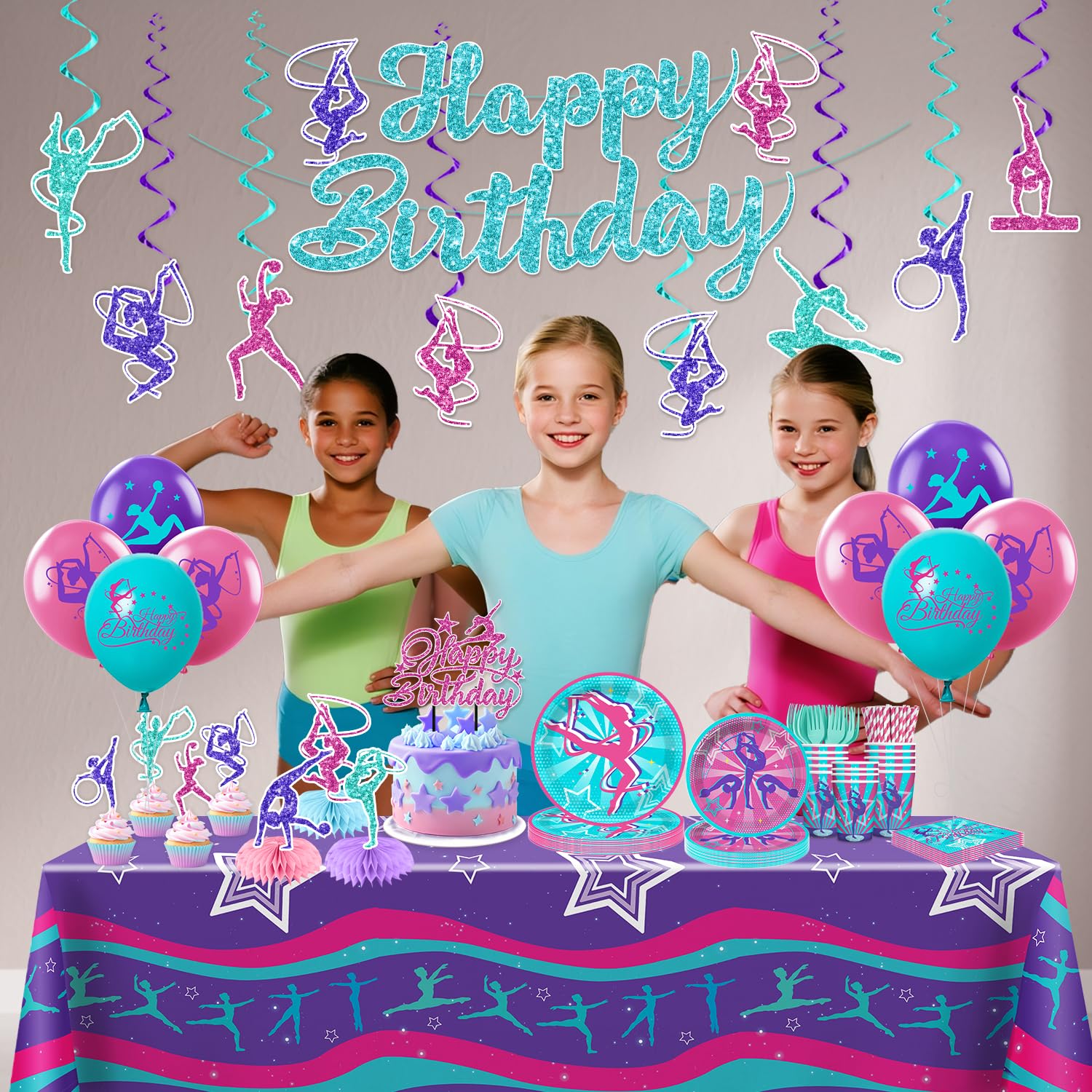 Yingoto gymnastics balloons add color for a festive gym party.