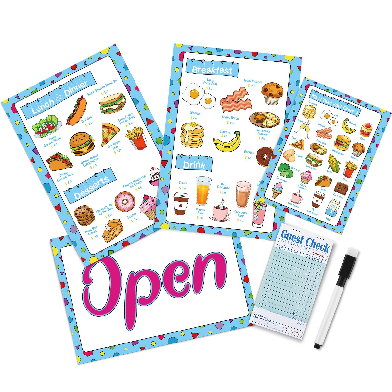 Yinkin 6pc play restaurant menus set for kids encourages imaginative role play.