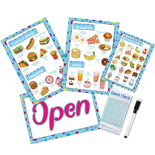 Yinkin 6pc play restaurant menus set for kids encourages imaginative role play.