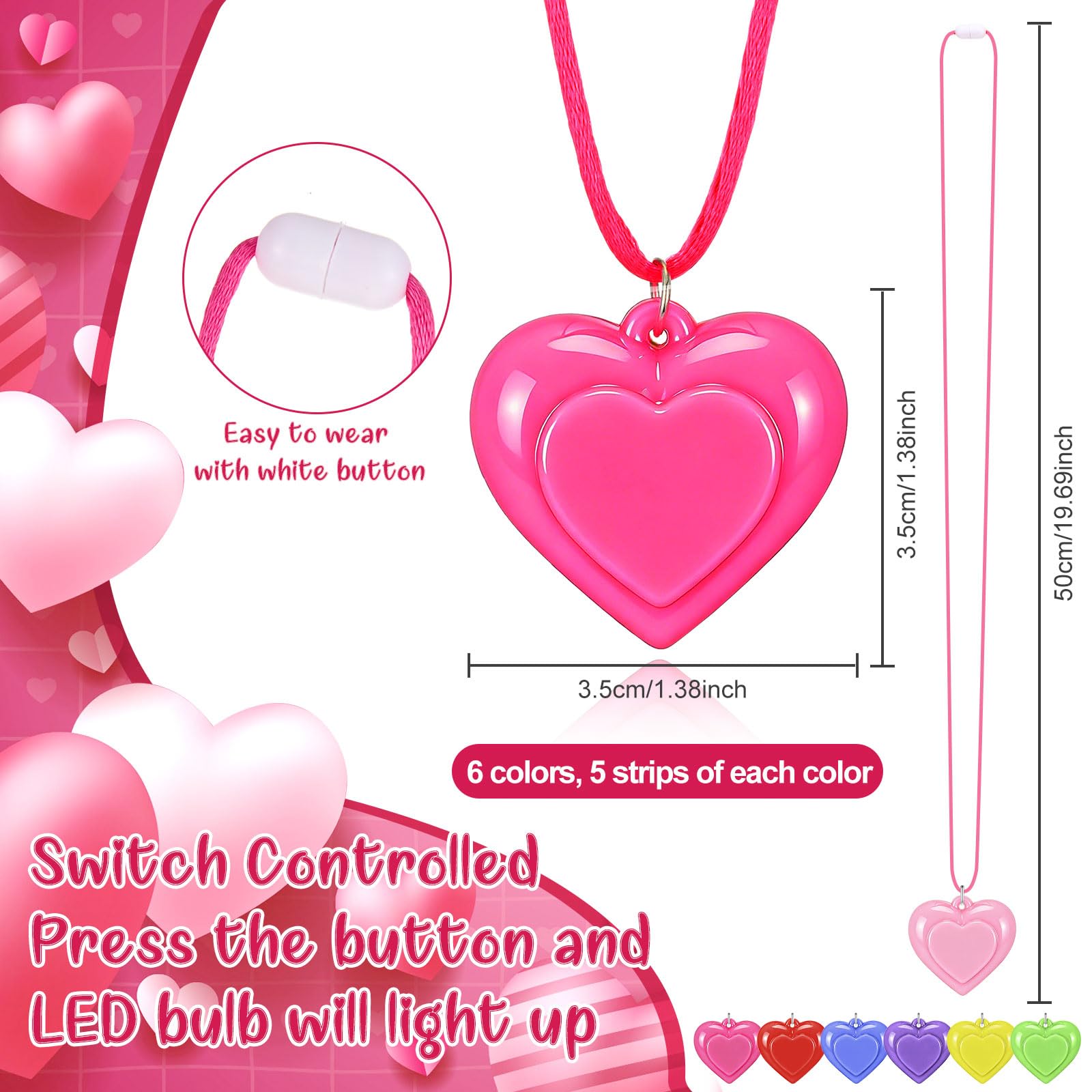 Six-color Yinkin LED heart necklaces ready to light up at parties or exchanges.