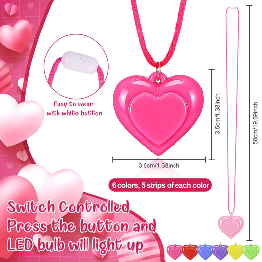Six-color Yinkin LED heart necklaces ready to light up at parties or exchanges.