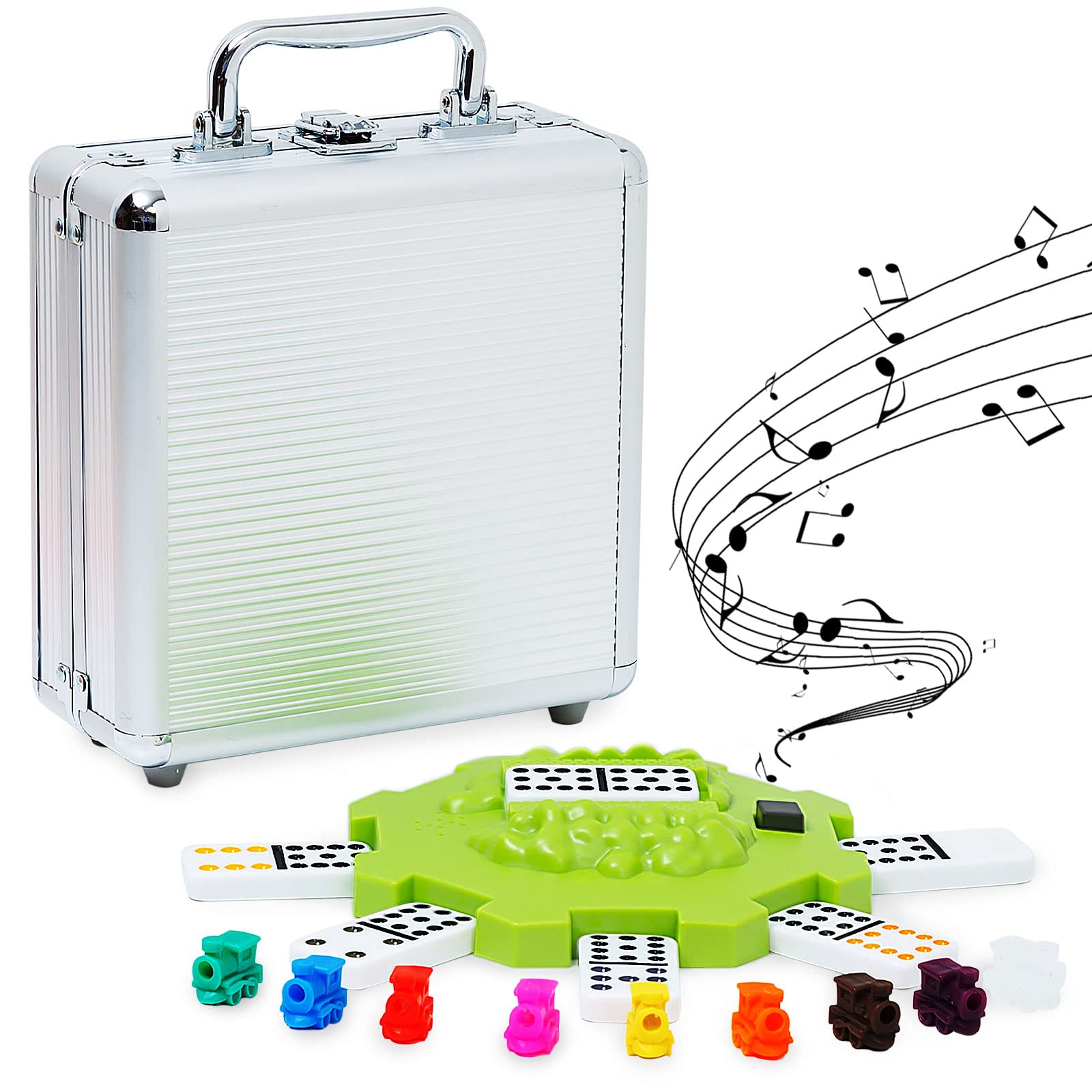 Yinlo Mexican Train Domino Set assembled in aluminum case for easy travel