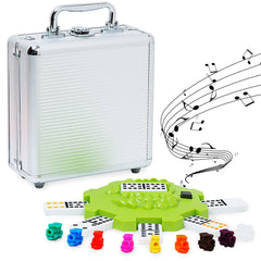 Yinlo Mexican Train Domino Set assembled in aluminum case for easy travel