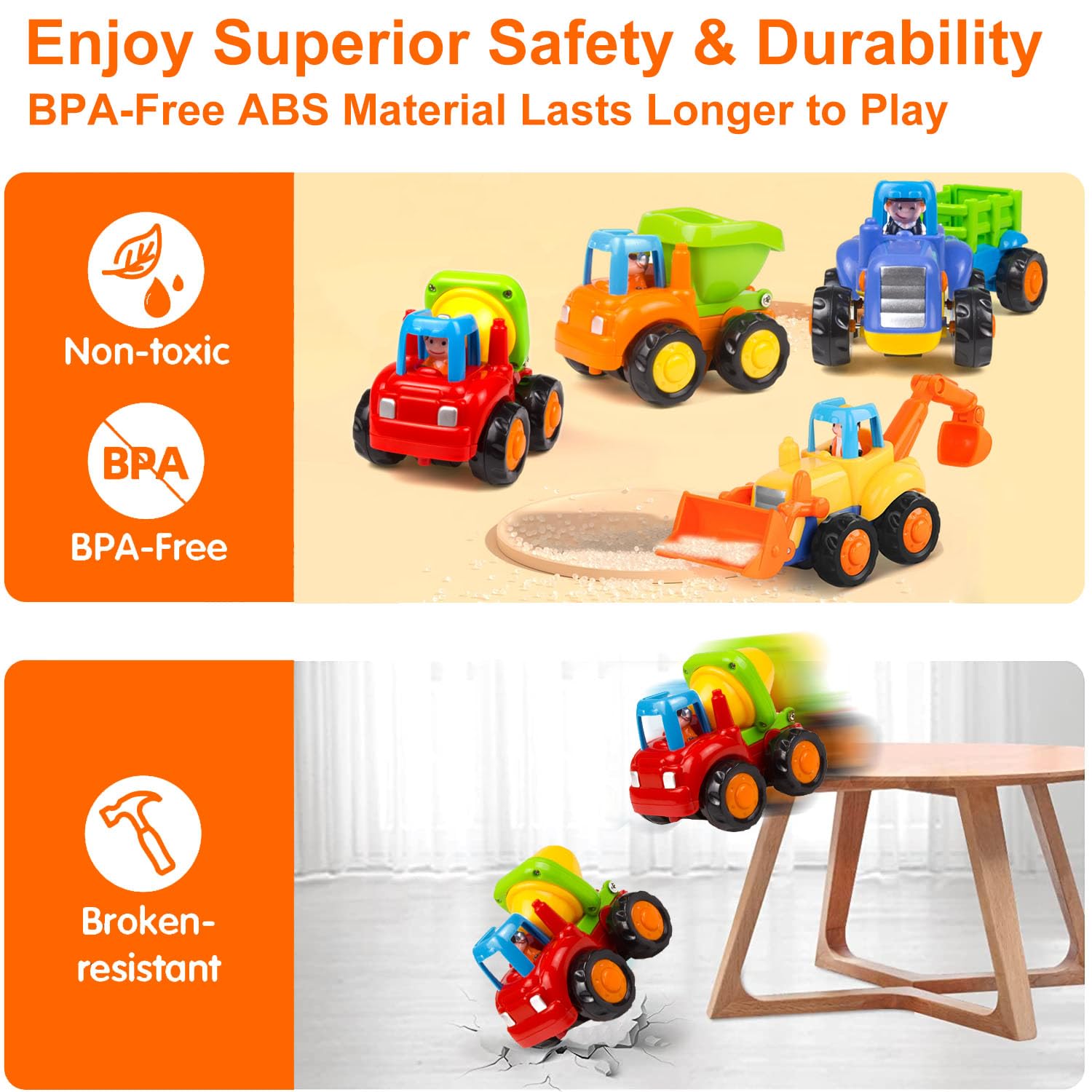 Yiosion Push and Go Toy Set with four vehicles for toddlers.