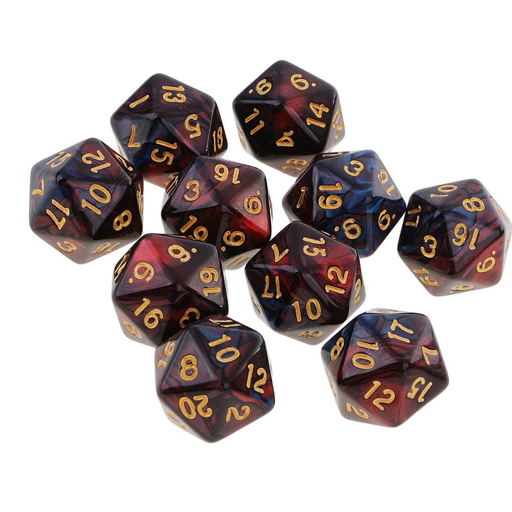 Ten-piece Yiotfandoll D20 set in red-blue for versatile tabletop play.