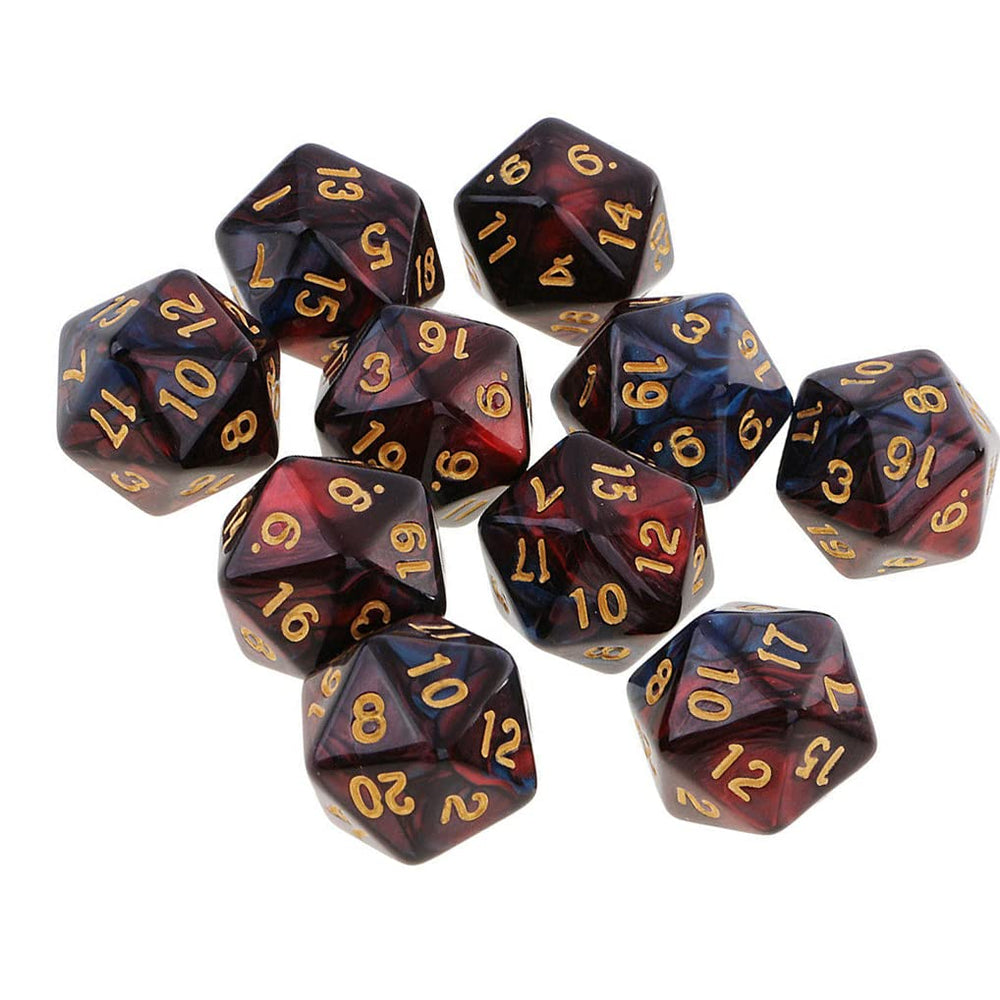 Ten-piece Yiotfandoll D20 set in red-blue for versatile tabletop play.