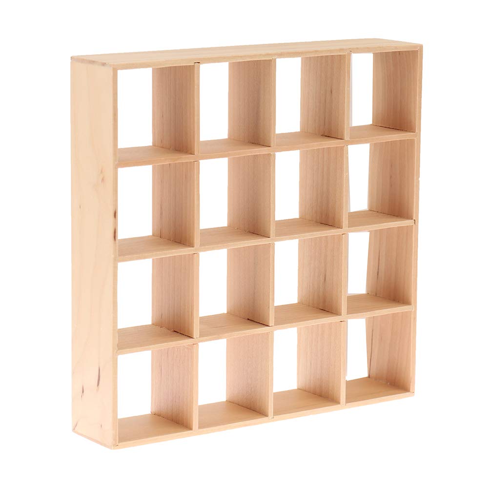 Yiphates 12-dollhouse storage rack with 16-grid shelves for organized mini rooms.