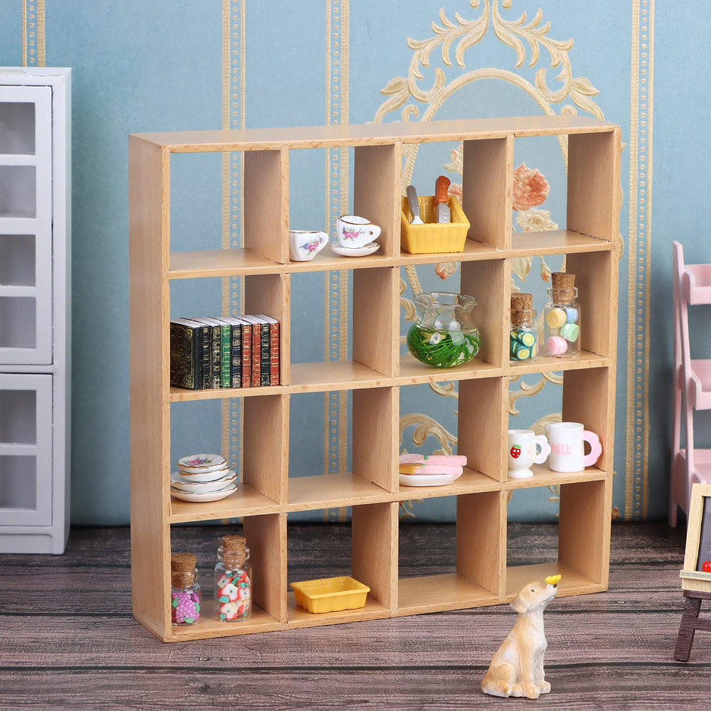 Yiphates miniature wooden shelving unit enhances dollhouse living room decor.