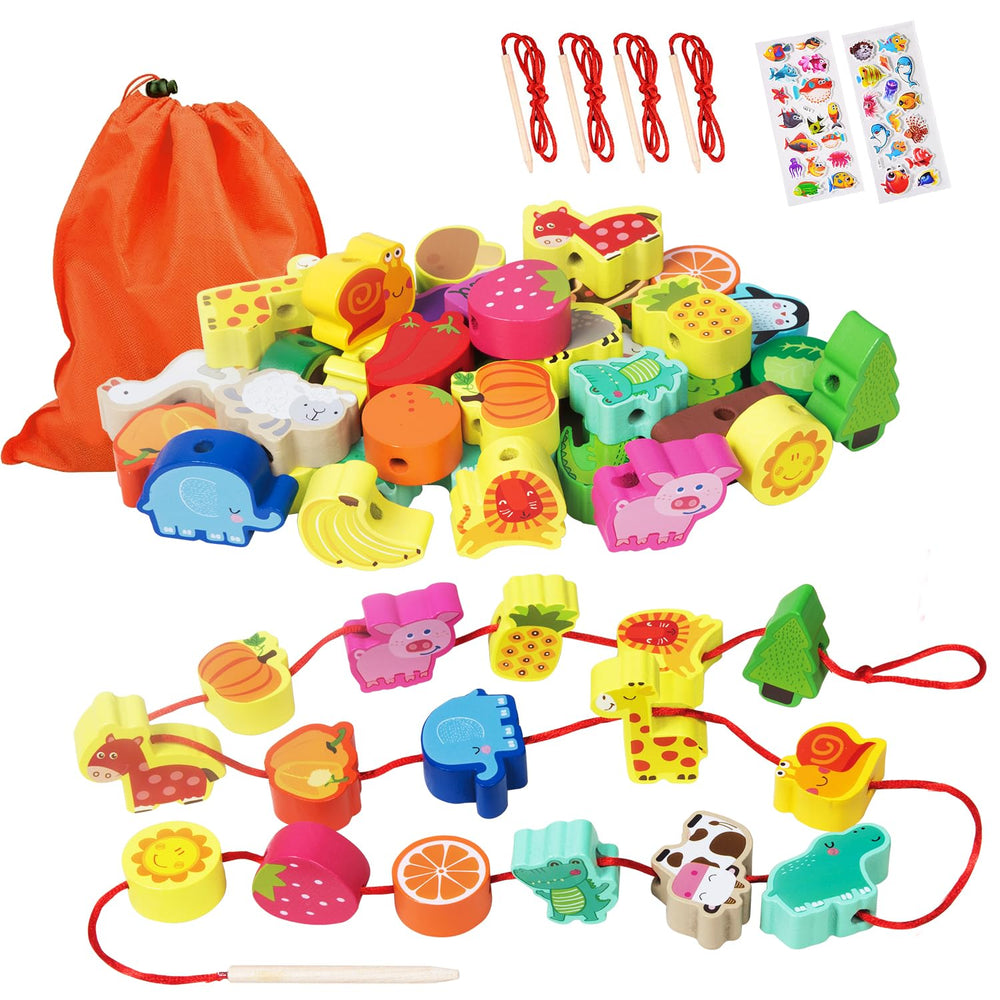 YiTTOO Montessori wooden beads featuring farm animals to promote fine motor development