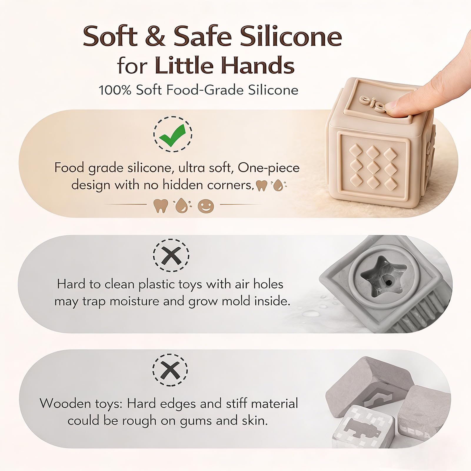 YIVEKO silicone teething blocks offer chew-friendly surfaces for soothing gums.