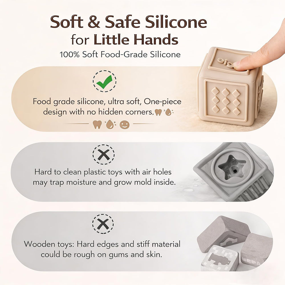YIVEKO silicone teething blocks offer chew-friendly surfaces for soothing gums.