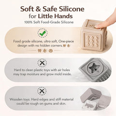 YIVEKO silicone teething blocks offer chew-friendly surfaces for soothing gums.