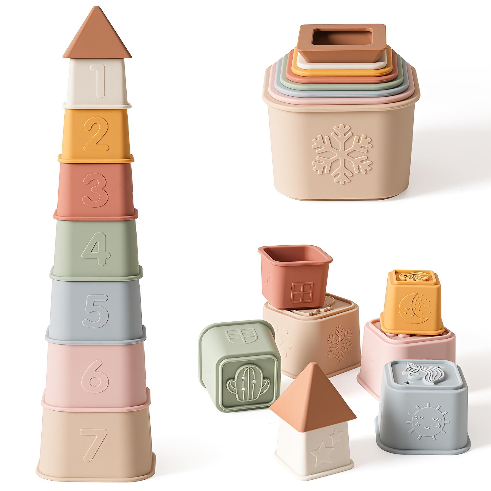 YIVEKO baby stacking cups set front view, soft silicone for safe grasp.
