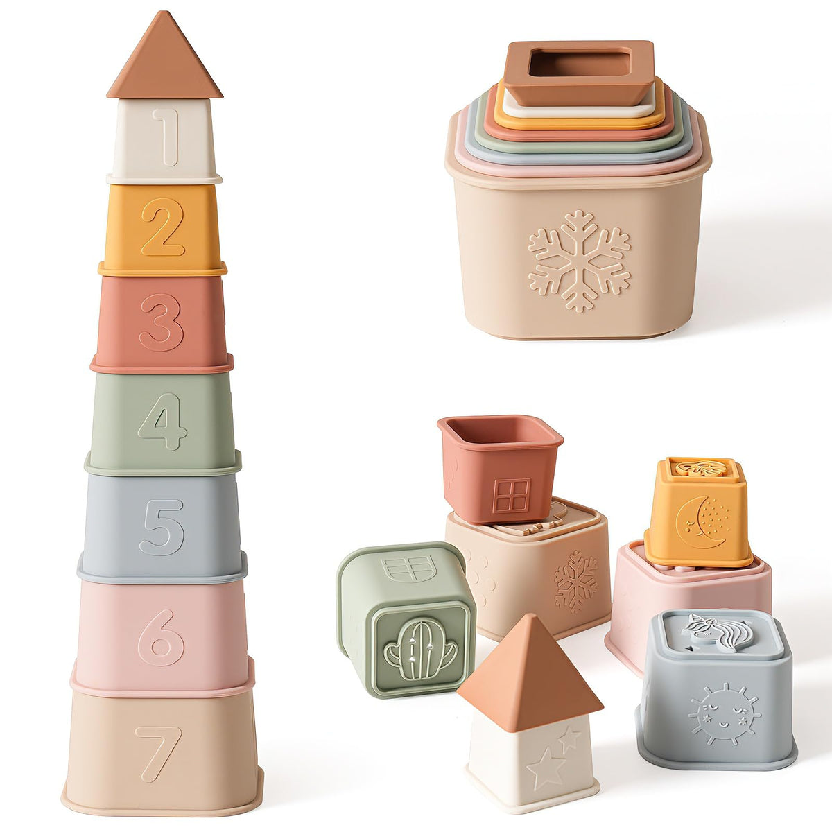 YIVEKO baby stacking cups set front view, soft silicone for safe grasp.