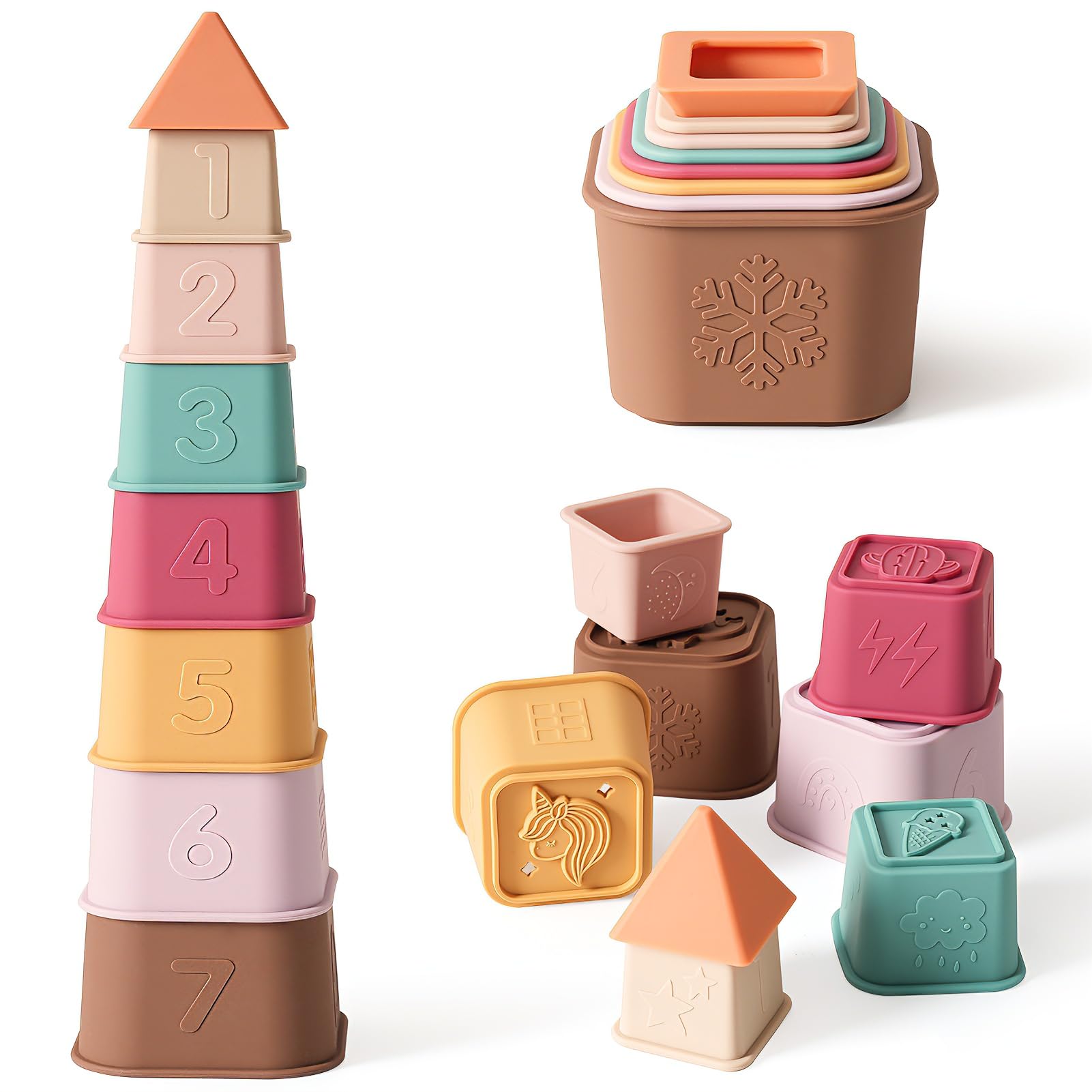 YIVEKO silicone stacking cups set, complete tower for bath play and early learning
