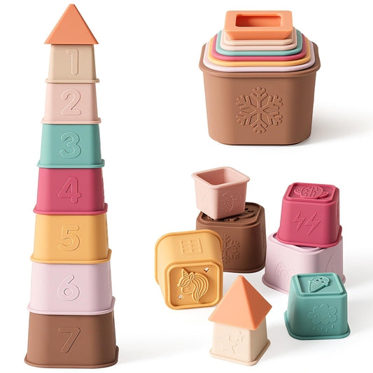 YIVEKO silicone stacking cups set, complete tower for bath play and early learning