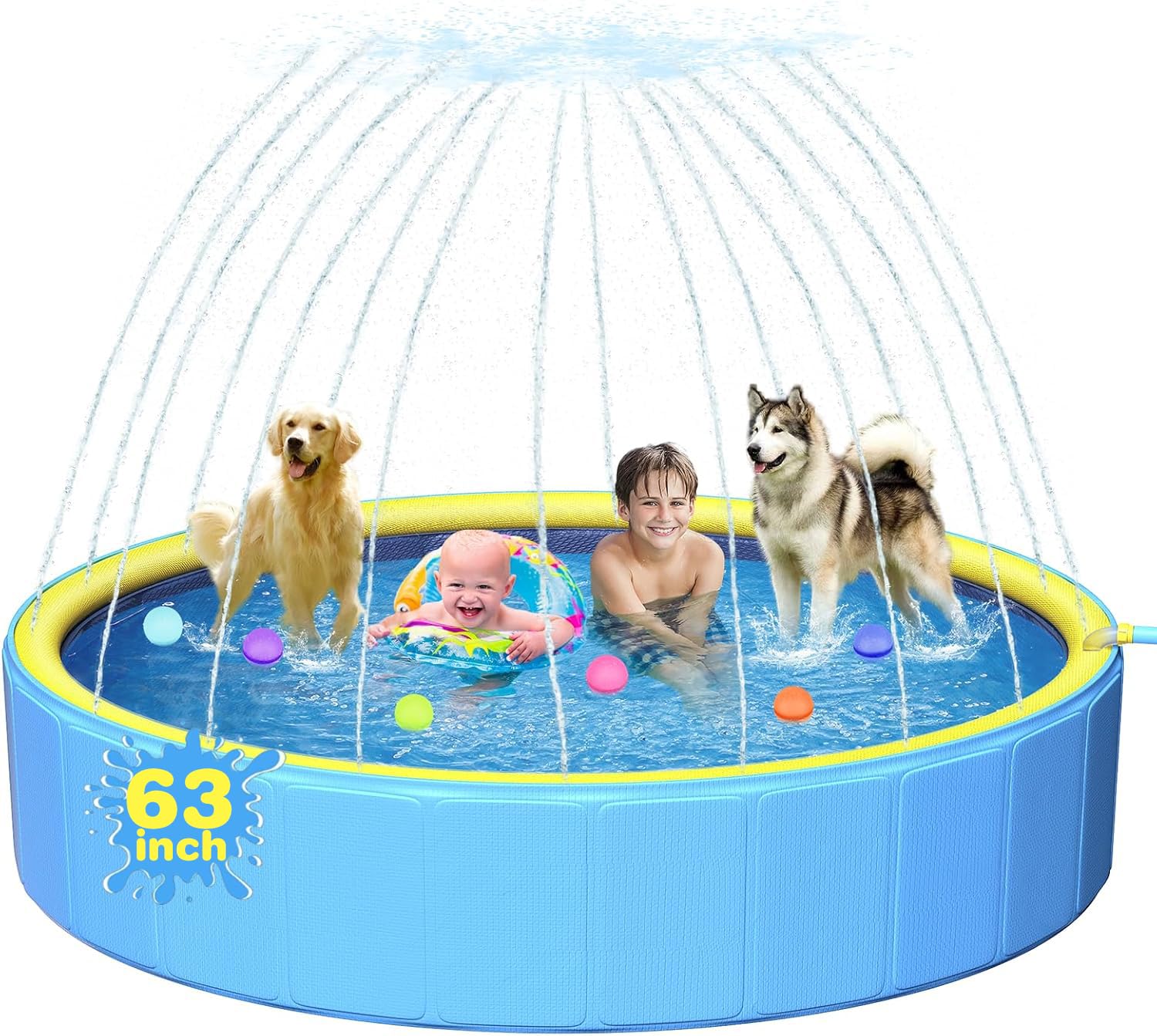 Yivsen 63in dog pool with sprinkler setup for quick outdoor cooling.