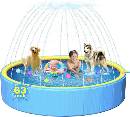Yivsen 63in dog pool with sprinkler setup for quick outdoor cooling.