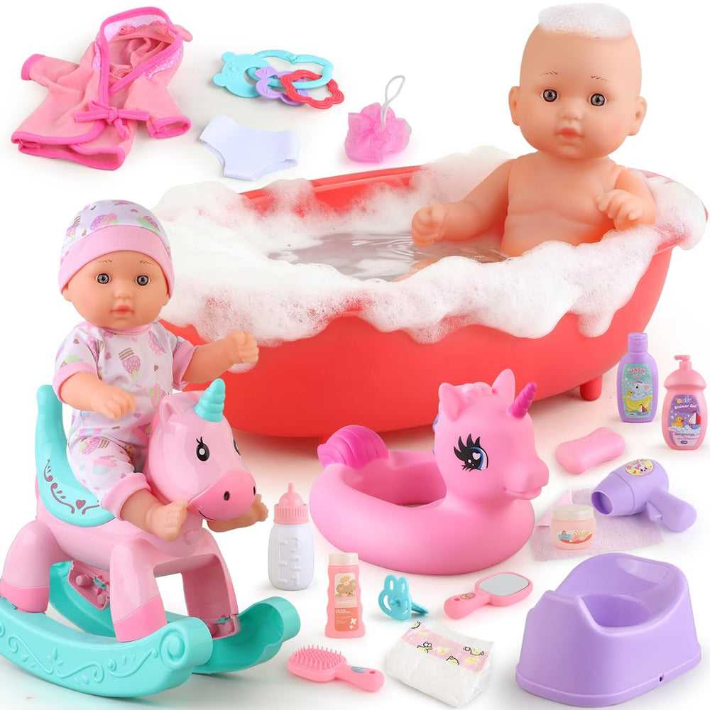 YIYBM baby doll bath set with bathtub for nurturing pretend play sessions.