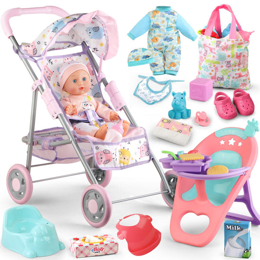 YIYBM baby doll stroller folded for easy storage and transport.